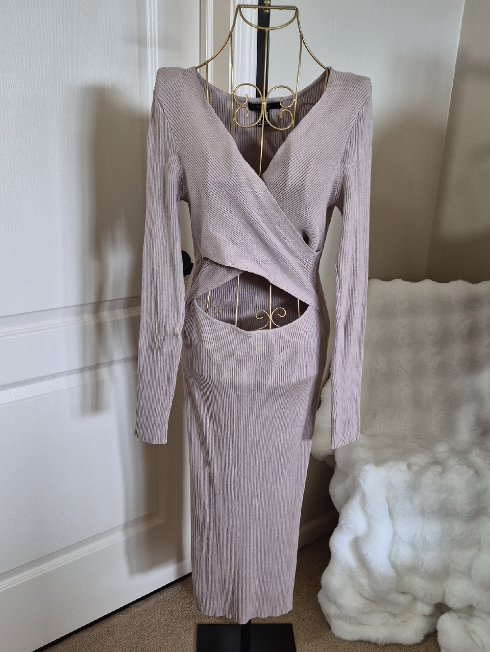 Forever 21 Taupe Ribbed Wrap Cut Out Midi Dress Size M